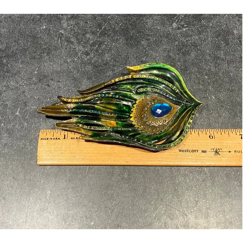 Decorative Peacock Feather Enamel Trinket Dish Green Gold Blue Rhinestone